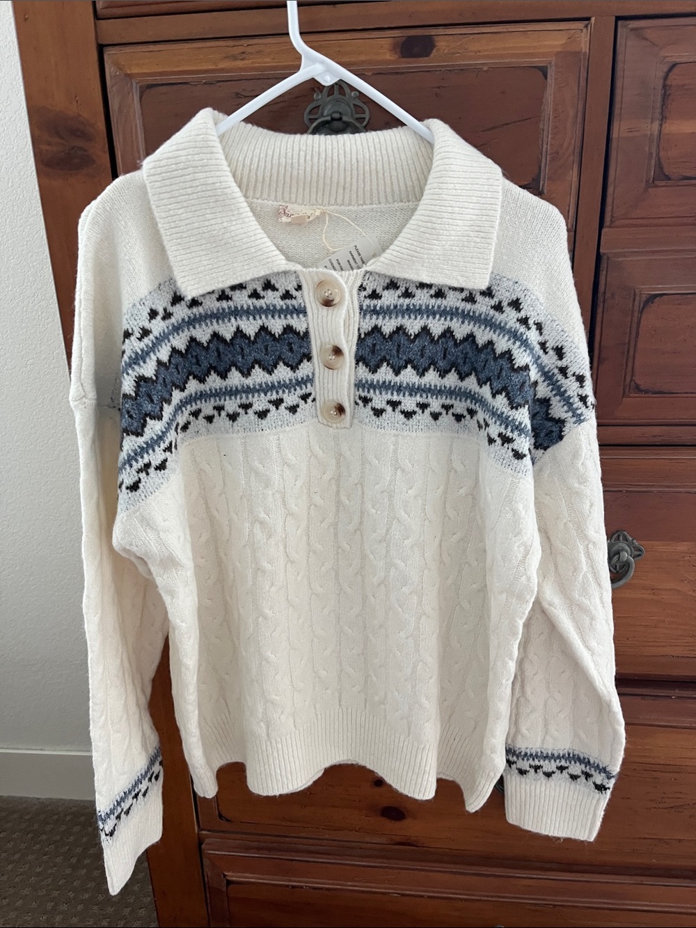Hem & Thread Cream Cable Knit Polo Sweater with Blue Nordic Yoke
